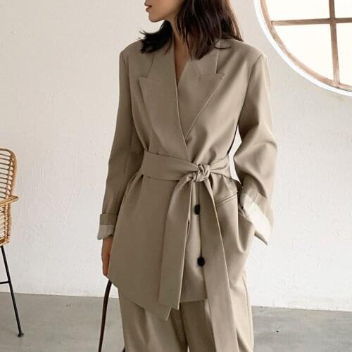 Business Suit for Women Spring Autumn Elegant 2 piece Set Lady Blazer Coat+High waist Loose Long Pants Female