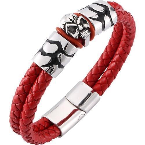 Double Layer Red Braided Leather Men Bracelet Skeleton Jewelry Punk Stainless Steel Magnetic Clasp Skull Bracelet Bangle SP0130