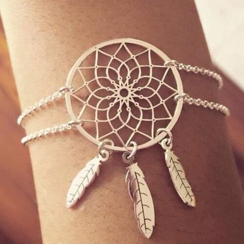 Ethnic Wind Silver Jewelry Bohemian Aerial Dream Catcher Feather Tassel Chain Simple Charm Bracelet For Women