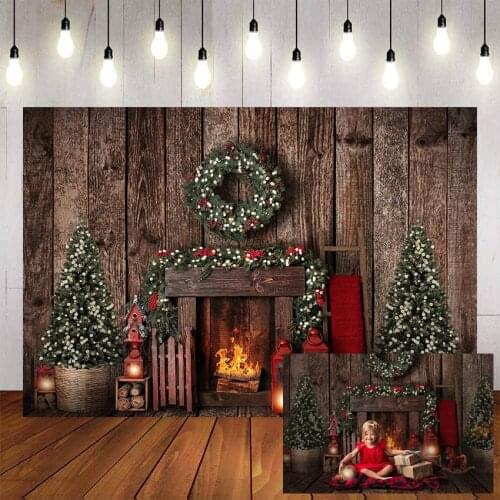 Mehofond Merry Christmas Photography Background Christmas Tree Fireplace Vintage Wooden Wall Wreath Backdrop Decor Photo Studio