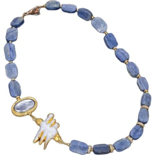 GuaiGuai Jewelry Natural Natural Blue Kyanite Rectangle Gold Color Plated White Biwa Pearl Choker Necklace Vintage For Women