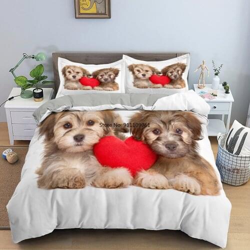 3D Cute Doggy Red Heart Print Bedding Set Teenage Cartoon Duvet Cover Bed Living Room Furniture Quilt Comforter Cover 2-3Pcs