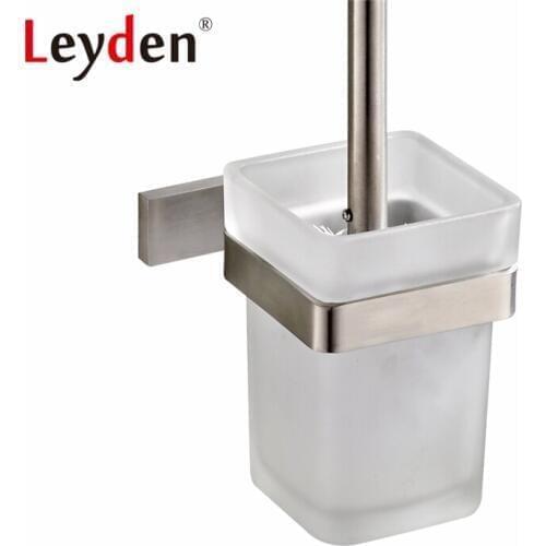 Leyden Square Toilet Brush Holder Brushed Nickel Stainless Steel Wall Mounted with Glass Toilet Brush Cup Bathroom Accessories