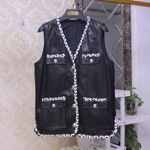 Hot fashion womens leather waistcoat Spring Autumn 2021 new designer High quality pockets genuine leather Vest Tops C745