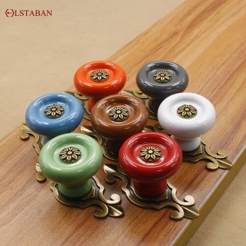 LSTABAN European Classical Antique Copper Ceramic Cabinet Handle Drawer Wardrobe Wine Cabinet Zinc Alloy Single Hole Handle