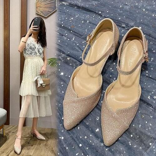 Korean Version Of The New Baotou Hollow High-Heeled Sandals High-End Sequined Pointed Wedding High-Heeled Shoes 33-40