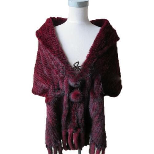 Wholesale/Retail Shawls Women Real Mink Knitted Fur Female Winter Warm Cape Lanterns Scarf Purple Red