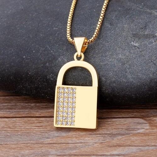Hot Sale Fashion Design Lock Shape Copper Zircon Pendant Cute Necklace Gold Color Chains Women Trendy Choker Neck Jewelry Gift