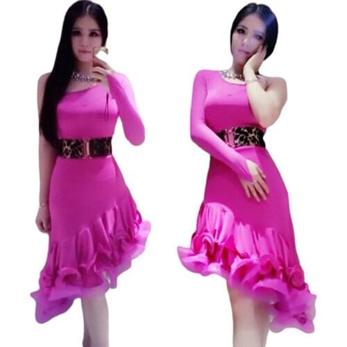 Sexy Latin Dance Dress Women Single Sleeve Slim Big Swing Dance Dress Latin Competition Clothing Send The Belt Holiday Costume