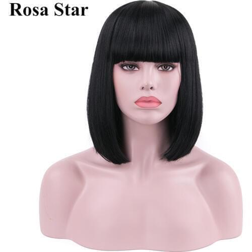 Rosa Star Short Straight Hair Wigs With Bangs For Women Synthetic Bob Hair Wigs Heat Resistant Daily Cosplay Costume Wigs