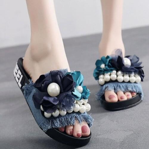 Pearl beaded flats slippers women silk flowers muffin shoes girls denim tassel open toe slides 2018 thick bottom zapatos mujer
