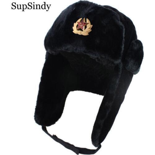 SupSindy Soviet Badge Ushanka Men&Women Winter Bomber Hats CCCP Army Pilot Faux Fur Earflap Hat Russian National Emblem Snow cap