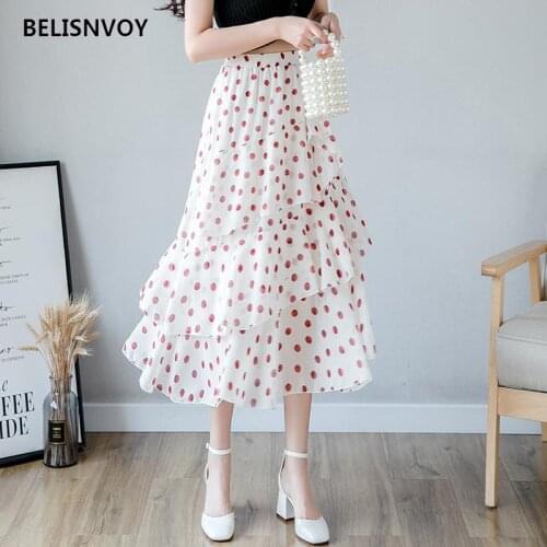 Stylish Irregular Summer Floral Printed A-Line Ruffles Skirt Fashion High Waist Pleated Simple Elegant Office Lady Chiffon Skirt