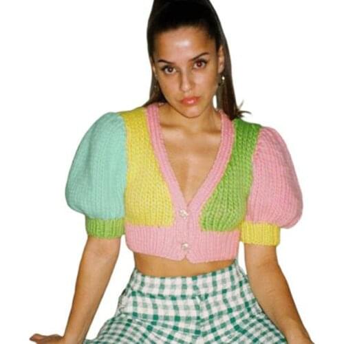 European and American style 2021 summer new short-sleeved sexy Patchwork Cardigan for women V-neck short slimCrop Top Sweater