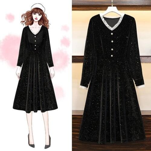 2021 New Spring Autumn Vintage Gold Velvet High Quality Black Dress V Neck Long Dresses Women Elegant Party Vestidos Y987