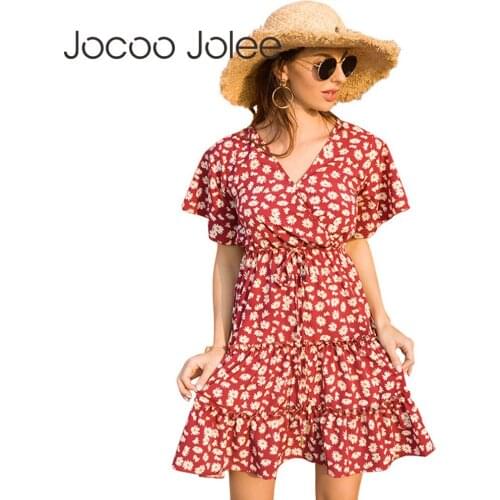 Jocoo Jolee Women Casual Short Sleeve V Neck A Line Dress Elegant Boho Floral Print Lace Up Ruffles Mini Dress Beach Sundress