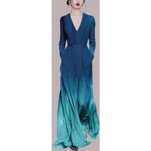 Summer 2021 Long Sleeve V-neck Corset Chiffon Dress Ladies Contrast Blue Color Woman Outfit Sheer Elegant Long Dresses for Women