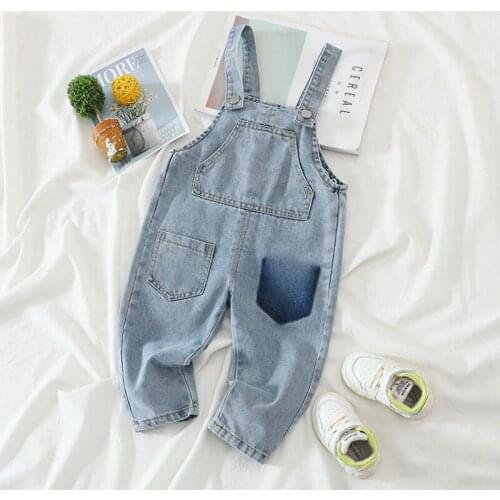2021 0-4Y Children Baby Boys Girls Denim Overalls Casual Loose Suspender Pants Solid Color Oversized Front Pocket Long Trousers