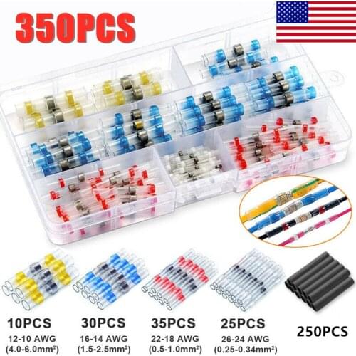 350PCS Heat Shrink Butt Crimp Terminals Waterproof Solder Seal Electrical Butt Connectors Wire Cable Splice Terminal Kit