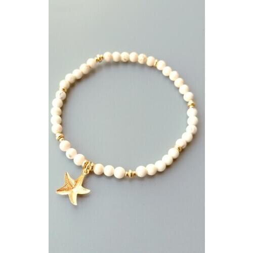 Lii Ji Natural 4mm White Howlite Beads Bracelet US 14K GF Star Beads Elastic Bracelet Delicate Jewelry For Holiday Gift