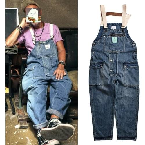 ERENEJIAN Mens Oversized Hip Hop Denim Bib Overalls Workwear Cargo Jeans Jumpsuits With Pockets Streetwear Suspender Pants