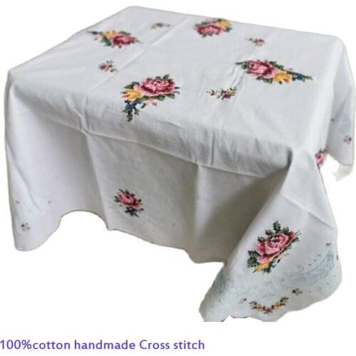 Pastoral Handmade Cross stitch 100%cotton white table cover cloth towel kitchen Christmas tablecloth wedding party home decor
