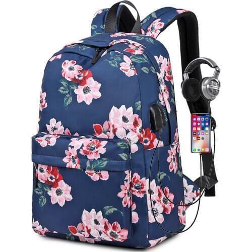 Flower Print Canvas Laptop Backpack for Women School Backpack With USB Charging College Girls