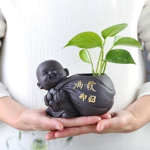 1PCS Ceramic Tea pet Small Buddha Statue Monk Figurine Ornaments Desktop Flower Pot Purple Ceramic Decoration Tea Accessories