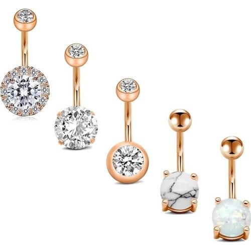 5Pcs Belly Button Rings Stainless Steel 14G CZ Opal Navel Rings Curved Barbells Bar for Women Girls Body Piercing Jewelry