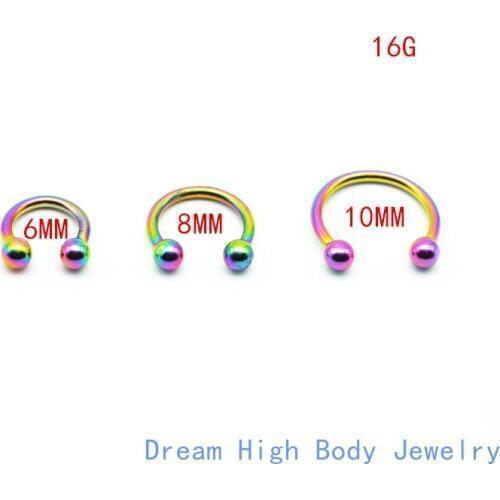 Rainbow Horseshoe 316L Surgical Steel Nostril Nose Ring circular piercing ball Horseshoe Rings CBR ring earring16G 6MM 8MM 10MM