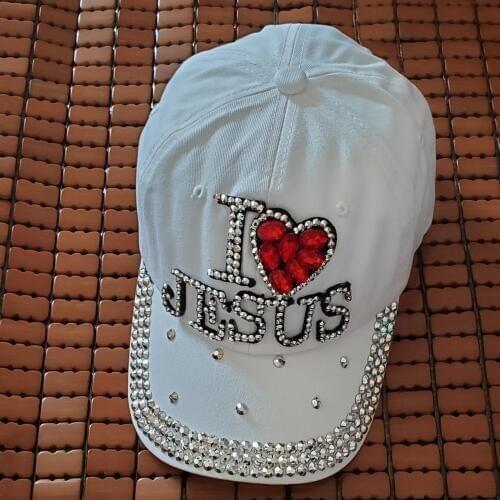 2019 LGFD7621 i love red heart Jesus denim jeans cloth Artificial stones bling bling cotton baseball caps customized cap