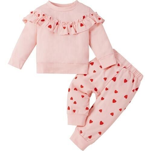 Love Print Kids Girls Clothes 2Piece Pink Polka dot Tops+Pants Spring Fall Long Sleeve Cotton Baby Outfits Ruffle Clothing D20