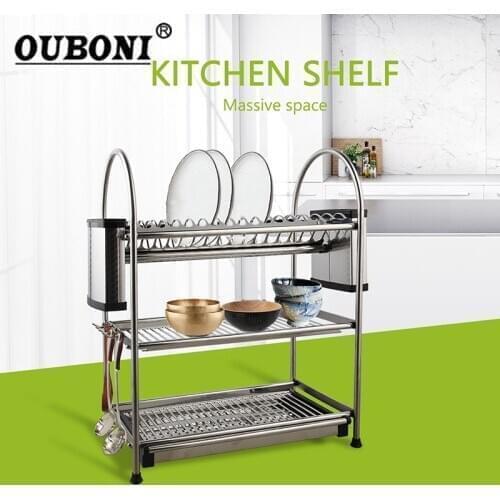 OUBONI Stainless Steel 3 Tiers Kitchen Shelf 6 Hooks Set Pot Pan Hanger Deck Mount Kitchen Storage Organizer Cabinet Rack