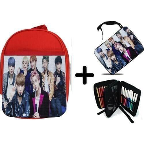 MERCHANDMANIA PACK red backpack and BTS BOY case WITH LUV KPOP IDOL MNET school material kids personalized offer