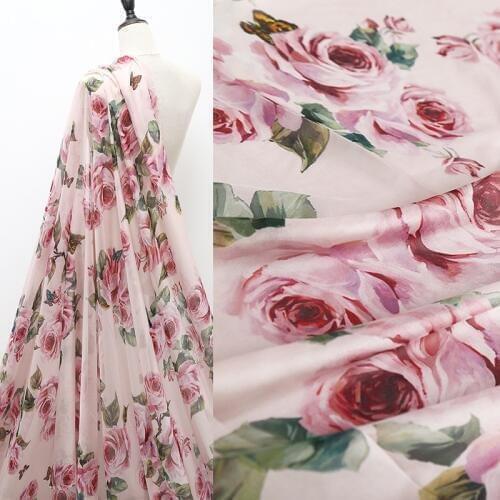 145cm Width Romantic Roses Fuse with Pink Rose Print Thin Transparent Chiffon Fabric for Woman Girl Summer Long Dress DIY Sewing
