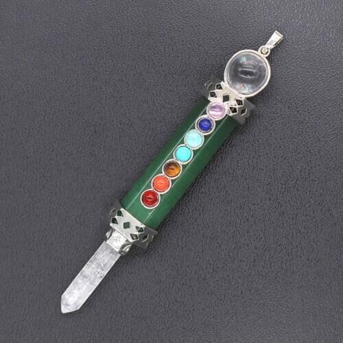 Trendy-beads Vintage Silver Plated Layer Hexagon Column Rock Crystal with Natural Green Aventurine Pendant