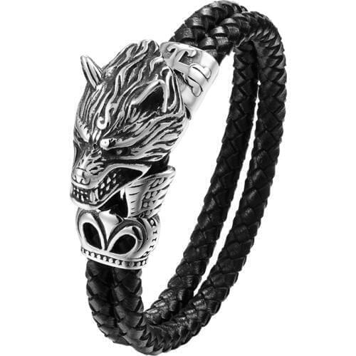 2019 Fashion Men Jewelry Titanium Steel Wolf Head Bracelet High Quality Leather Woven Wristband Charm Bracelet Antique Gift