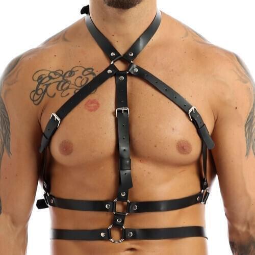 TiaoBug Men Adjustable Black PU Leather Harness Metal O-Ring/Chains Halter Body Sexy Chest Belts Punk Gothic Rave Gay Costume
