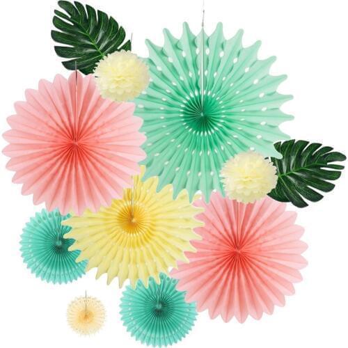 Rose Pink Mint Green Cream Paper Fan Decoration Set Tropical Leaves Artificial Palm Leaf Kids Birthday Shower Wedding Party