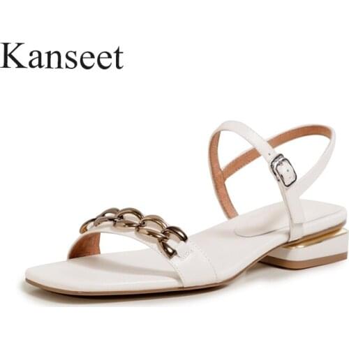Kanseet Womens Shoes 2021 Summer Chain Decoration Female Sandal Handmade Genuine Leather Comfort Low Heel Sandals Women Size 40
