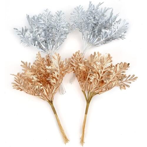 Silver Gold Leaves Artificial Plants Bouquet for Christmas Wedding Decoration DIY Scrapbook Handmade Craft Fake Flowers Decor