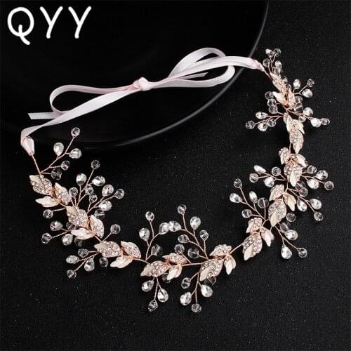 QYY Leaves Handmade Crystal Vine Rhinestone Wedding Headbands Hair Jewelry Bridal Hair Accessories Bridesmaid Headpiece Tiaras