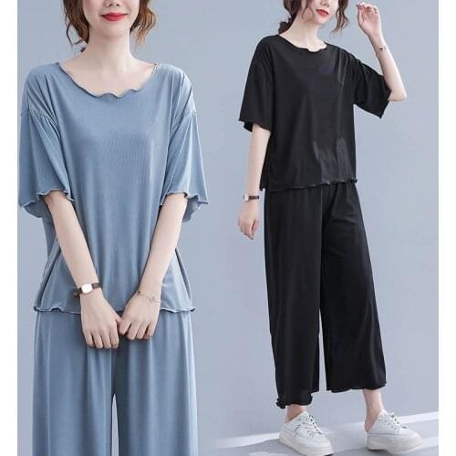 150Kg Plus size womens summer short-sleeved cropped trousers solid suit 6XL 7XL 8XL 9XL loose elastic waist wave edge suit