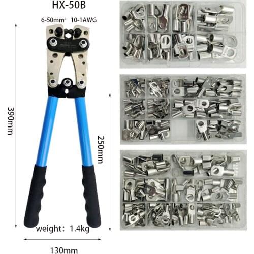 HX-50B Connector Hexagon Crimping Tool 6-50mm ² AWG 22-10 Tube Terminal Crimper With 60 Copper Ring Terminals