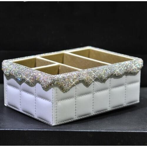 European Inlaid Rhinestone Home Office Desk Storage Box Leather Diamond Glittering Makeup Organizer Living Room Remote Storage