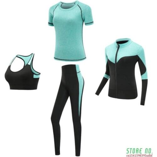 Women Sportswear 4PCS Set Fitness Gym Yoga Clothing Suit Sets Coat+bra+t Shirt+leggings Workout Running Training