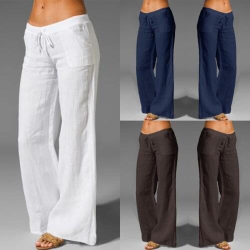 Women Solid Plus Size Wide Legs Pants Casual Elastic High Waist Commute Trousers Female Fashion Loose Cotton Linen Pantalon