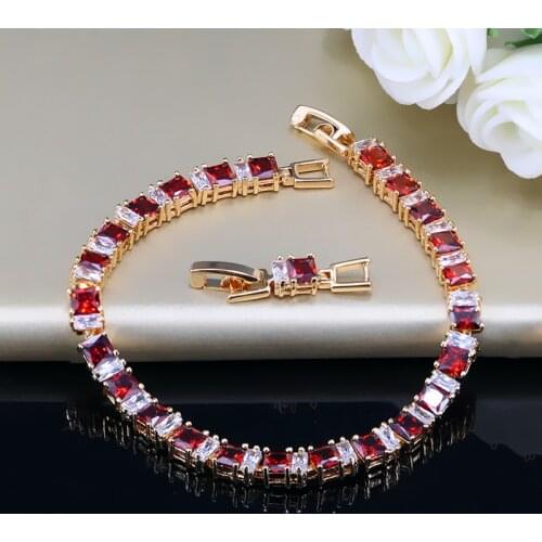 BeaQueen Exquisite Gold Color Jewelry Square CZ Crystal and Cubic Zircon Stone Setting Indian Red Bracelet for Women B039