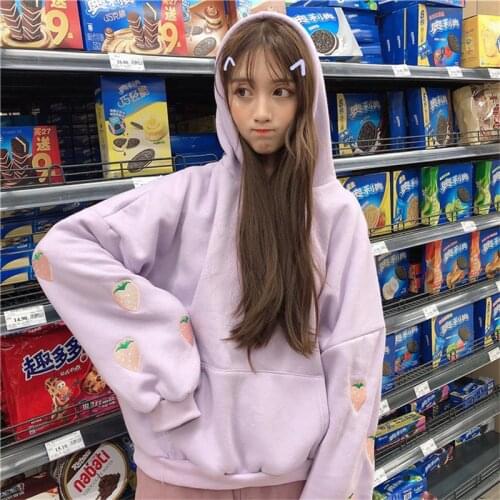 Merry Pretty Korean Fashion Ulzzang Hooded Sweatshirt Women Strawberry embroidery Oversized Warm Fleece Hoodies Pullovers Female