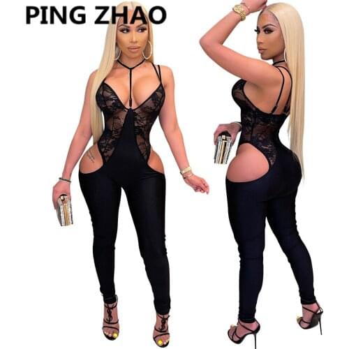 PING ZHAO Women Jumpsuit V-neck Lace See-through Backless Jumpsuit Sexy Club Outfit Summer